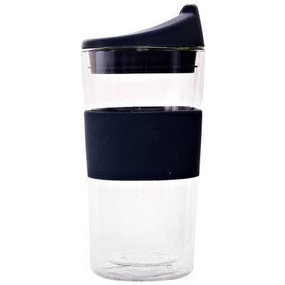 Consol Double Walled Glass Travel Mug With Silicone Lid - Grey